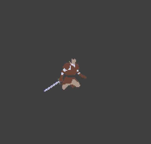 a pixel art drawing of a man holding a sword in front of a crescent moon