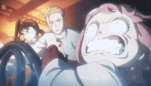 a girl with a surprised look on her face is surrounded by other anime characters