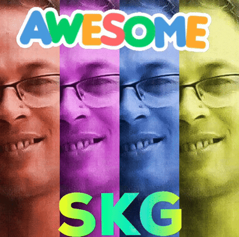an awesome skg poster with a man wearing glasses