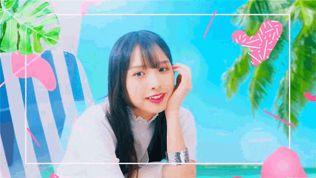 a girl with long hair and a white shirt is surrounded by palm trees