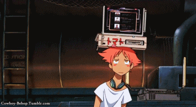 a cowboy bebop character with a sign on his head that says " tomato "