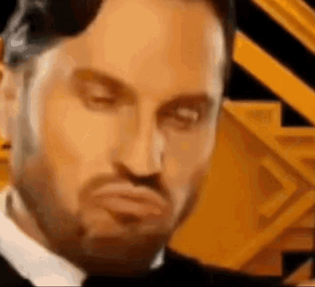a man with a beard is making a funny face in front of a yellow wall .