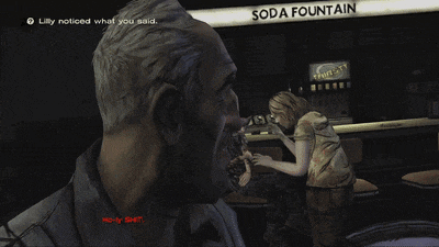 a video game screen shows a man talking to a woman at a soda fountain