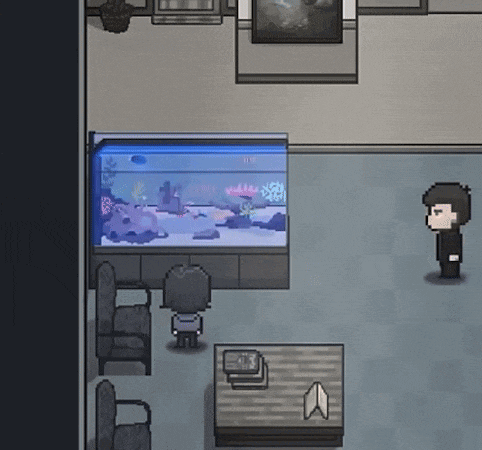 a pixel art drawing of a man standing in front of a fish tank with the word aquarium on it