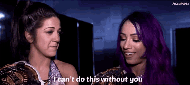 two women with purple hair are talking to each other and one of them says " i can 't do this without you "