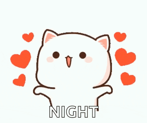 a cartoon cat is surrounded by red hearts and the words night .