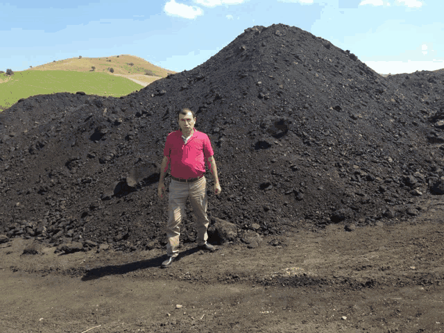 a man in a pink shirt stands in front of a large pile of rocks