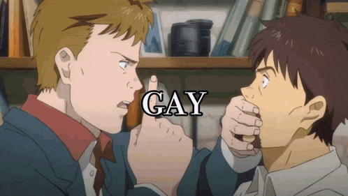 a cartoon of two men with the word gay in the corner