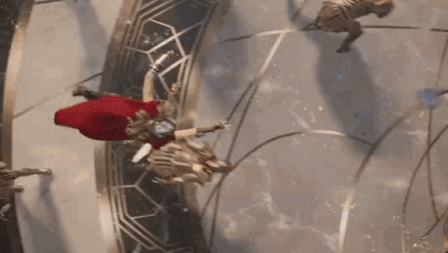 thor is flying through the air while holding a sword in his hand .
