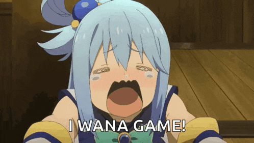 a girl with blue hair is crying with the words i wana game below her