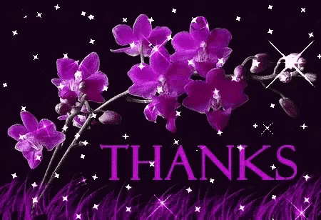 a thank you card with purple flowers and stars on a black background .