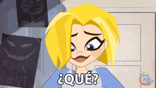 a cartoon of a girl with a question mark in front of a sign that says rock event
