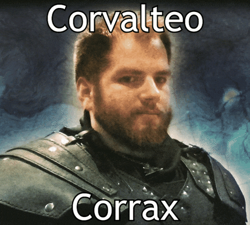 a man with a beard and the name corvalteo corrax