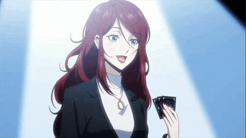 a woman with red hair and blue eyes is holding a stack of cards