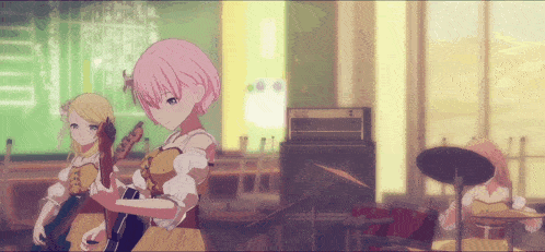 a girl with pink hair is holding a guitar in a room