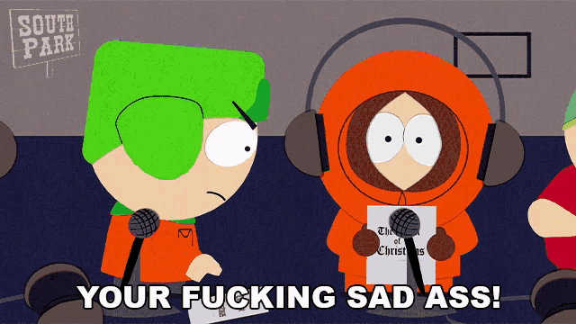 a south park cartoon shows kenny and kyle talking into microphones