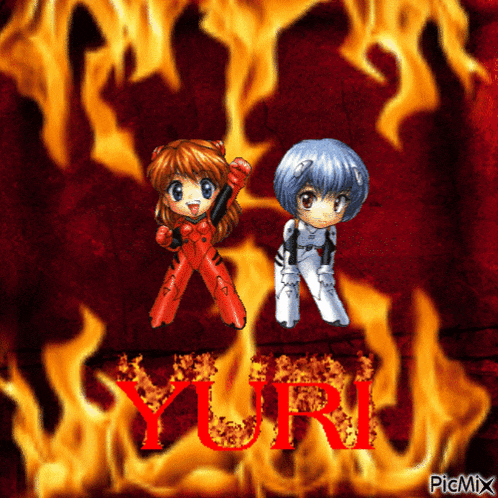 a picture of two anime girls with the name yuri in red letters