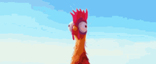 a chicken with a purple beak and a red crest is looking up at the sky .