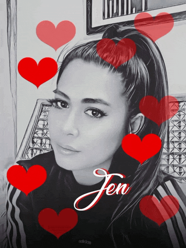a black and white photo of a woman with red hearts around her and the name jen