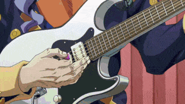 a person is playing an electric guitar with a purple pick in their hand