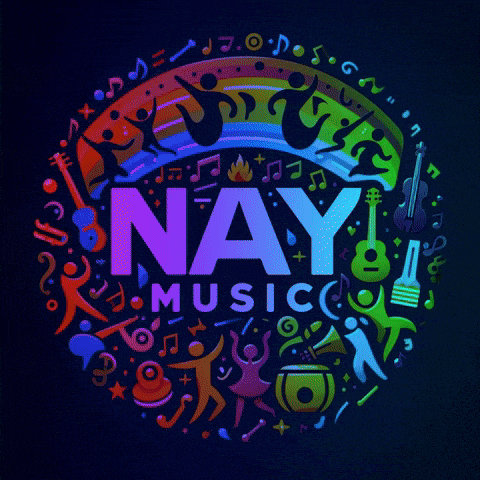a logo for nay music is surrounded by musical instruments