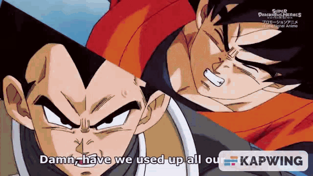 a screenshot of a super dragon ball heroes video with the caption " damn have we used up all ou kapwing "