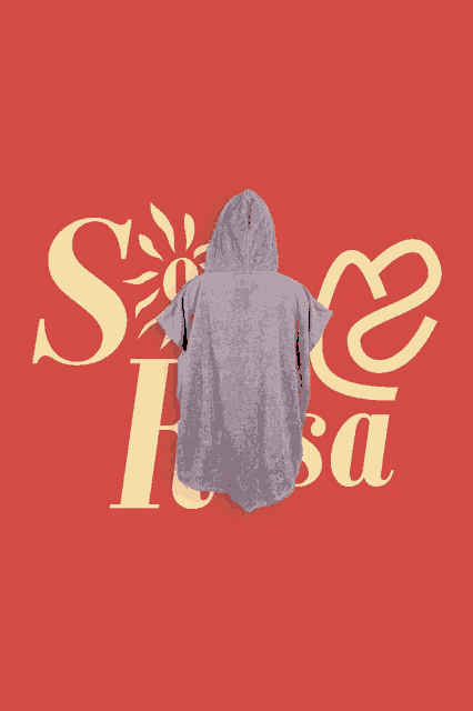 a gray poncho with a hood is on a red background with the letters s and e behind it