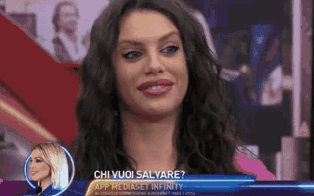 a woman on a tv show with the words chi vuoi salvare app mediaset infinity on the bottom