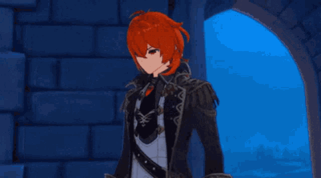 a cartoon character with red hair is standing in a dark room