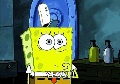 spongebob squarepants is standing in front of a toilet with a soap dispenser on it .