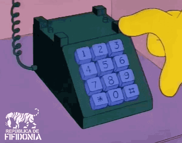 a yellow hand is pressing a button on a telephone that says republica de fifidonia on the bottom