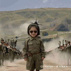 a little girl in a military uniform is standing in front of a military parade