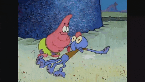 patrick star and squidward from spongebob squarepants are standing next to each other .