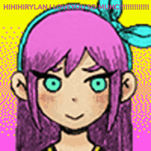 a pixel art of a girl with purple hair and green eyes .