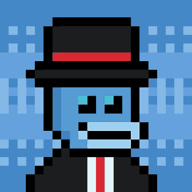 a pixel art of a blue skeleton wearing a top hat and tie