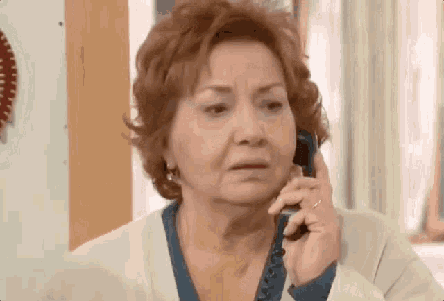 an older woman is talking on a cell phone in a room .