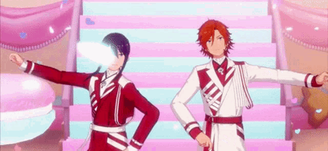 two anime characters are standing next to each other on a pink and blue staircase .