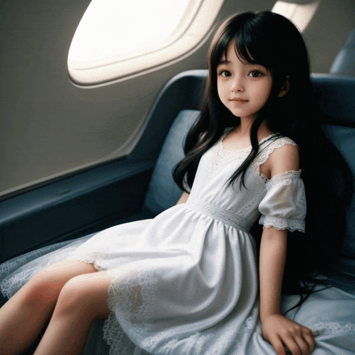 a little girl wearing a white dress is sitting on a couch