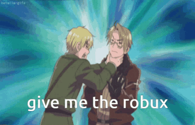 two anime characters fighting with the words give me the robux written below them