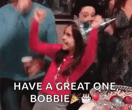 a girl is celebrating her birthday with a party hat on her head and the words have a great one bobbie on the bottom
