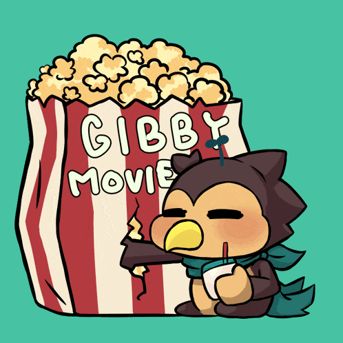 a cartoon drawing of an owl eating popcorn next to a bag that says gibby movie