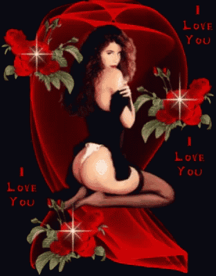 a picture of a woman kneeling in front of a red heart that says " i love you "