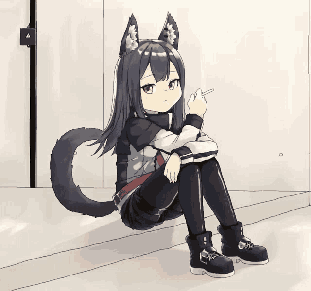 a drawing of a girl with a cat tail and ears