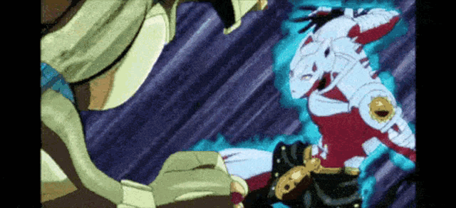 a cartoon character in a red and white suit is fighting another character in a blue background .