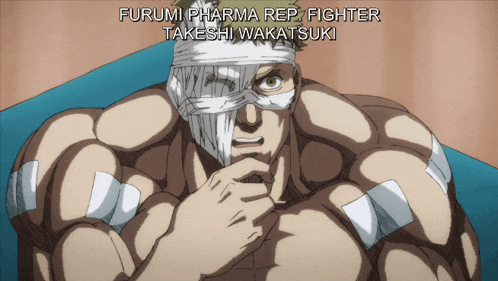 a man with bandages on his face is named furumi pharma rep fighter takashi wakatsuki