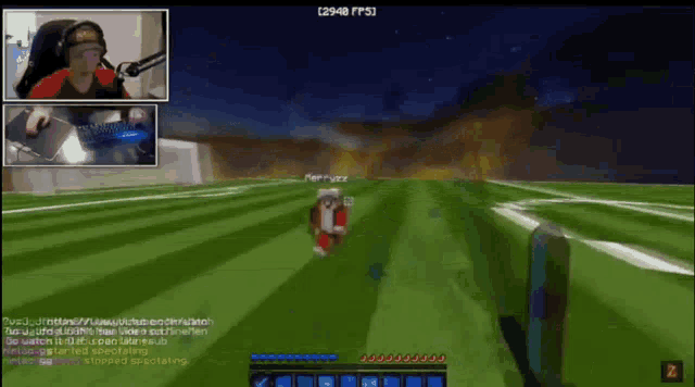 a man is playing a video game called minecraft while another man is watching