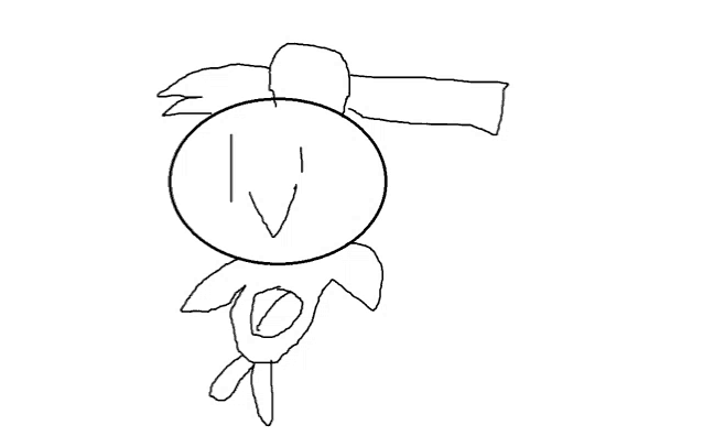 a black and white drawing of a cartoon character with a scarf around his neck