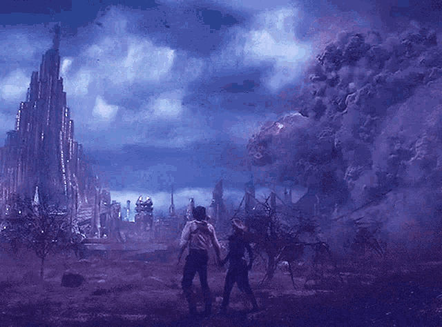 a man and a woman are standing in a field in front of a castle .