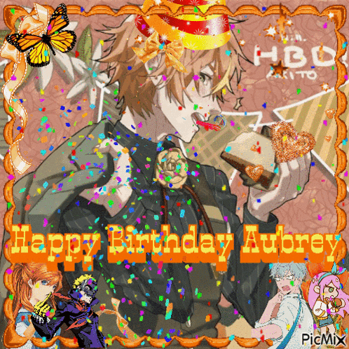 a picture of a boy eating a heart shaped cake with the words happy birthday aubrey