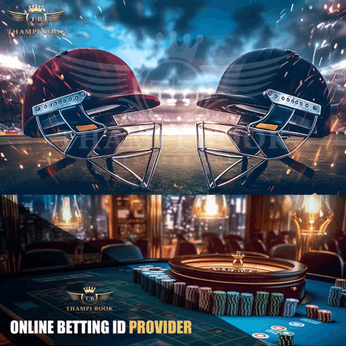 two cricket helmets next to a roulette table with the words online betting id provider